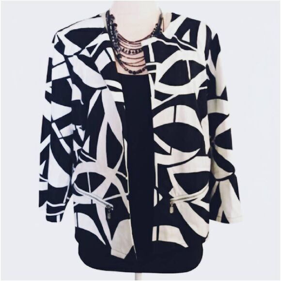 Chico's Black White Geo Print Open Front Quarter Sleeve Cotton Stretch Jacket L - Picture 13 of 13